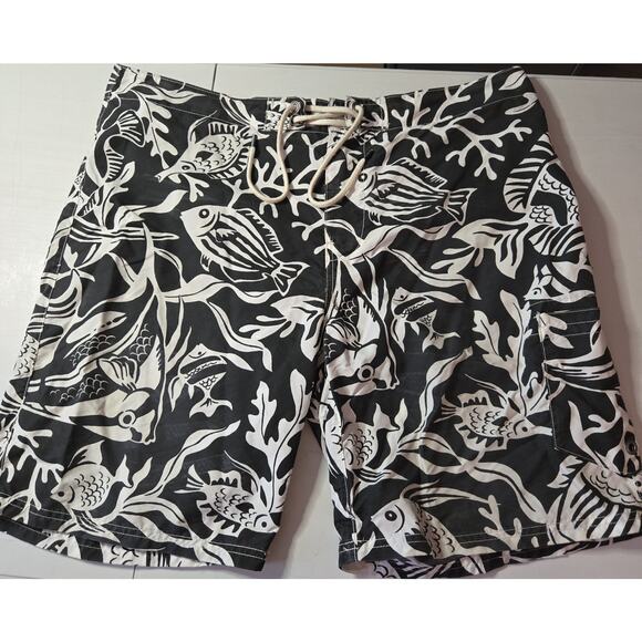 Polo Ralph Lauren Board Shorts Swimwear Mens Sz 38 Black White Hawaiian Trunks - Picture 1 of 11